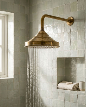 Traditional Bell Rain Shower Head with Stepped Wall Arm, brass finish, view 2