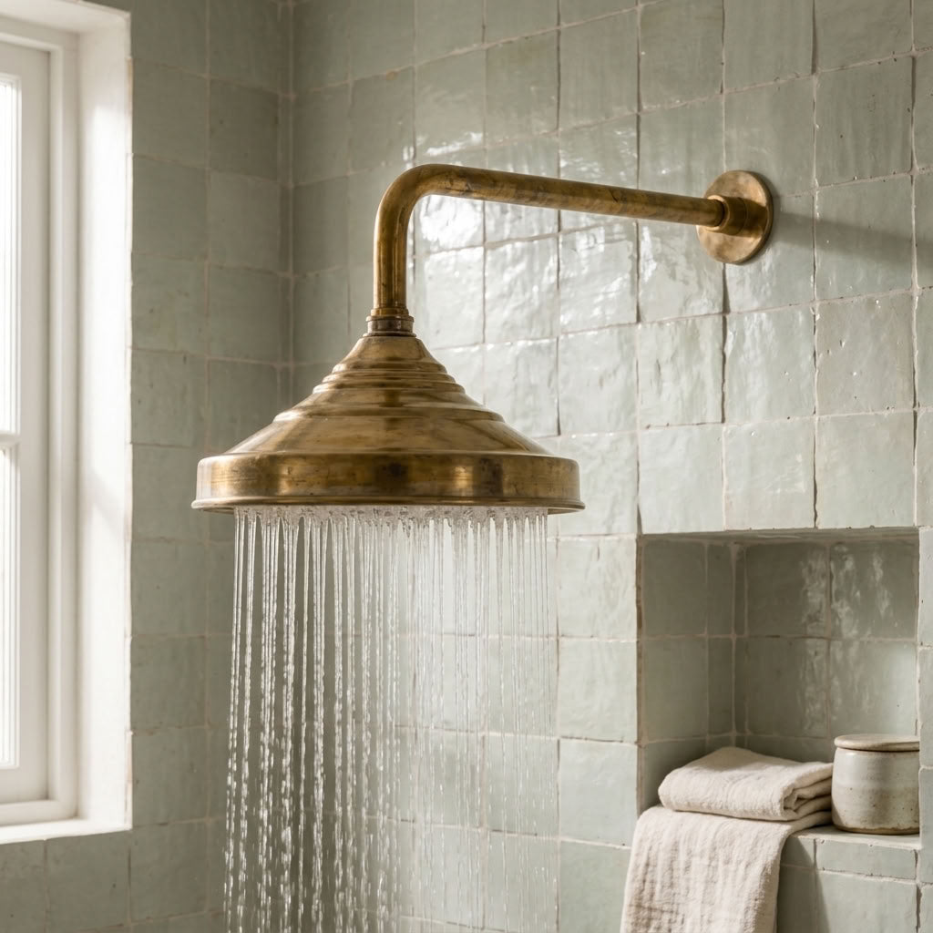 Traditional Bell Rain Shower Head with Stepped Wall Arm, brass finish, view 3