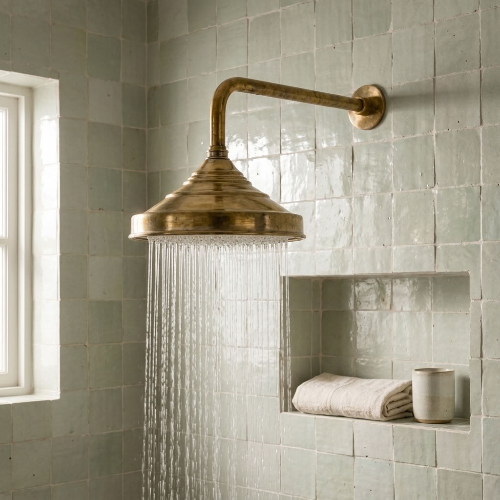 Traditional Bell Rain Shower Head with Stepped Wall Arm, brass finish, view 4