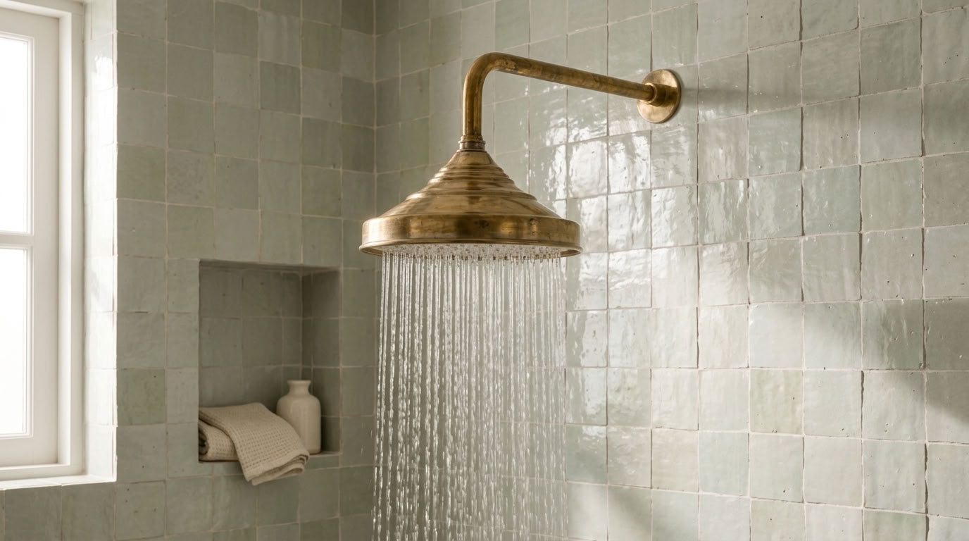 Traditional Bell Rain Shower Head with Stepped Wall Arm, brass finish, view 5