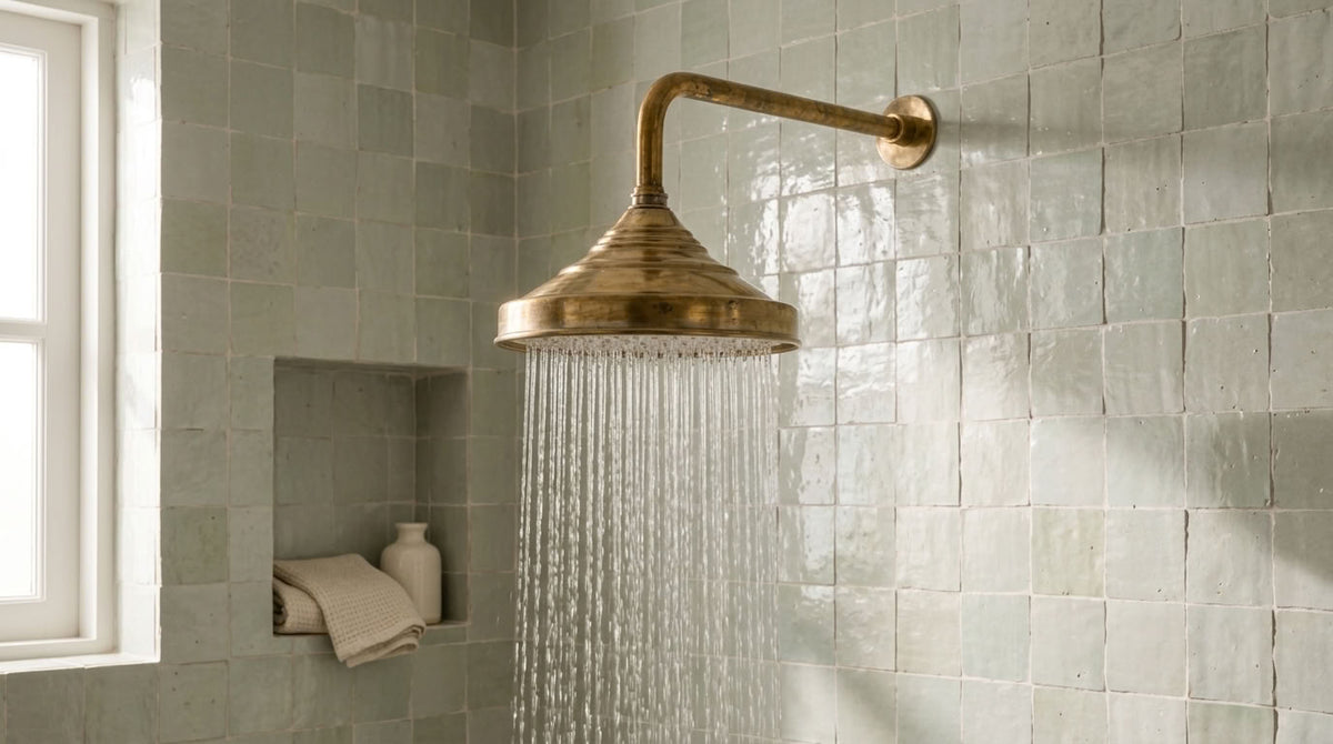 Traditional Bell Rain Shower Head with Stepped Wall Arm, brass finish, view 5