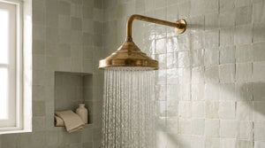 Traditional Bell Rain Shower Head with Stepped Wall Arm, brass finish, view 5