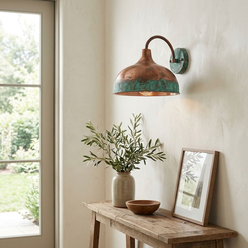 Verdigris copper dome wall sconce with curved arm and rustic patina — view 1