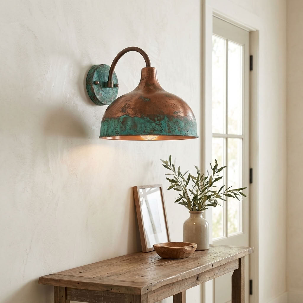 Verdigris copper dome wall sconce with curved arm and rustic patina — view 2