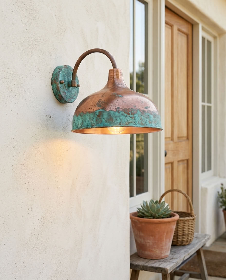 Verdigris copper dome wall sconce with curved arm and rustic patina — view 3
