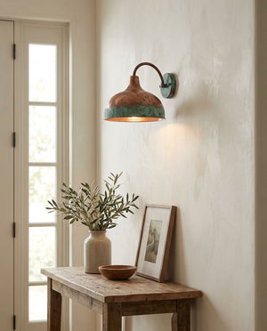 Verdigris copper dome wall sconce with curved arm and rustic patina — view 4