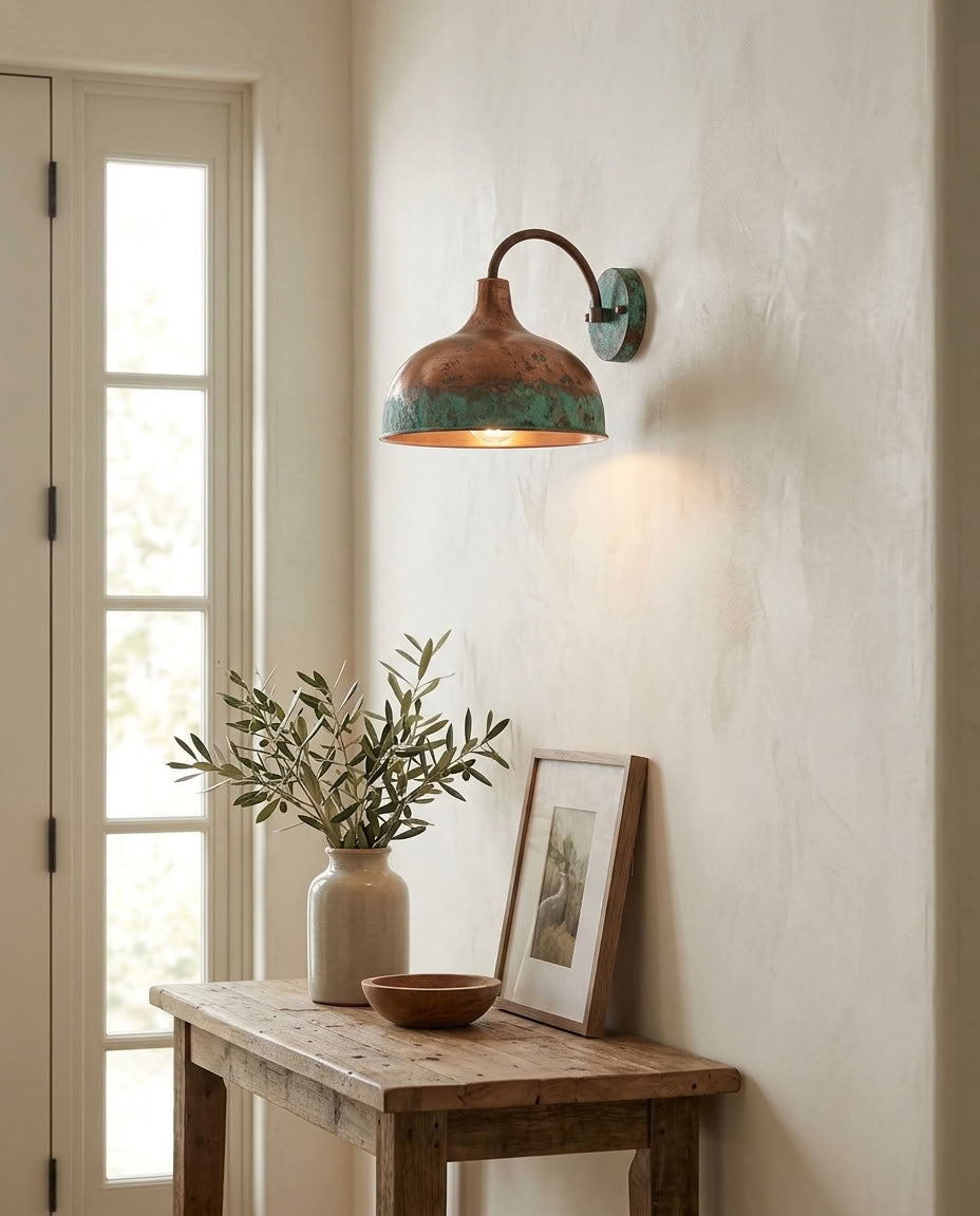 Verdigris copper dome wall sconce with curved arm and rustic patina — view 4