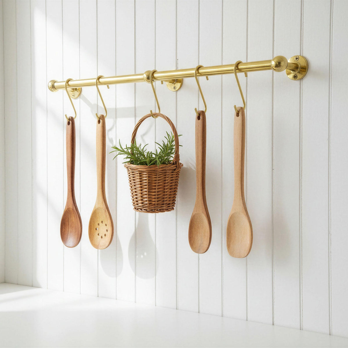 Unlacquered Brass Pot Rack with S Hooks - Handmade Pot Rail, Spoon, and Pan Holder
