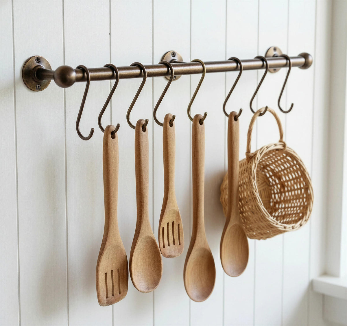 Handmade Oil Rubbed Bronze Pot Rack – Brass Kitchen Rail with S Hooks