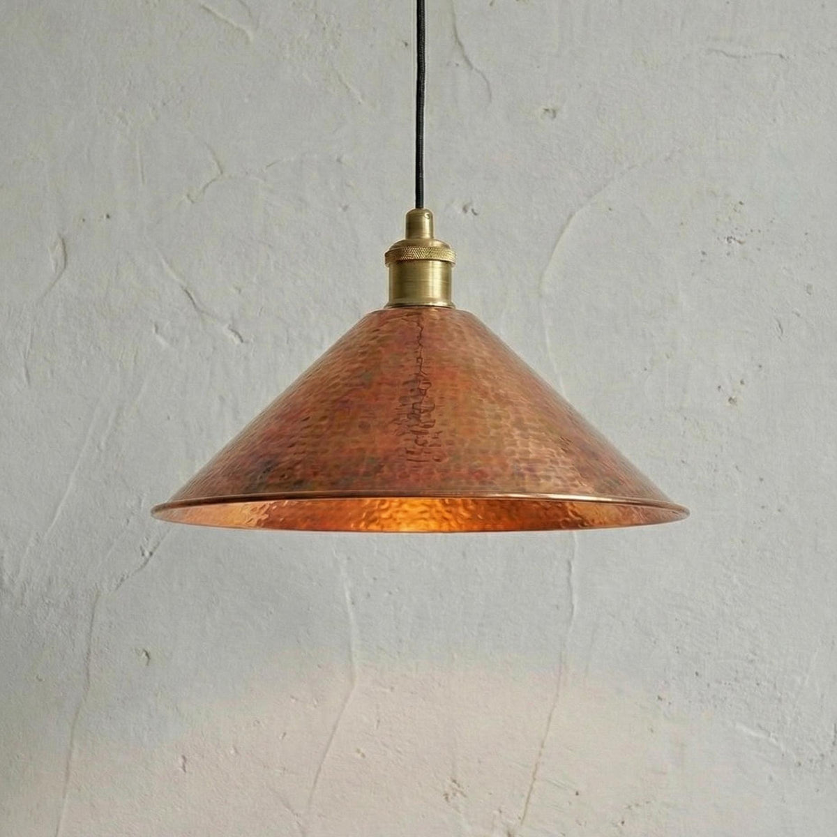Handcrafted Cone Copper Light, Hammered Metal Hanging Lamp, Wabi Sabi Decor, Wide Copper Shade for Dining Table, Rustic Boho Fixture