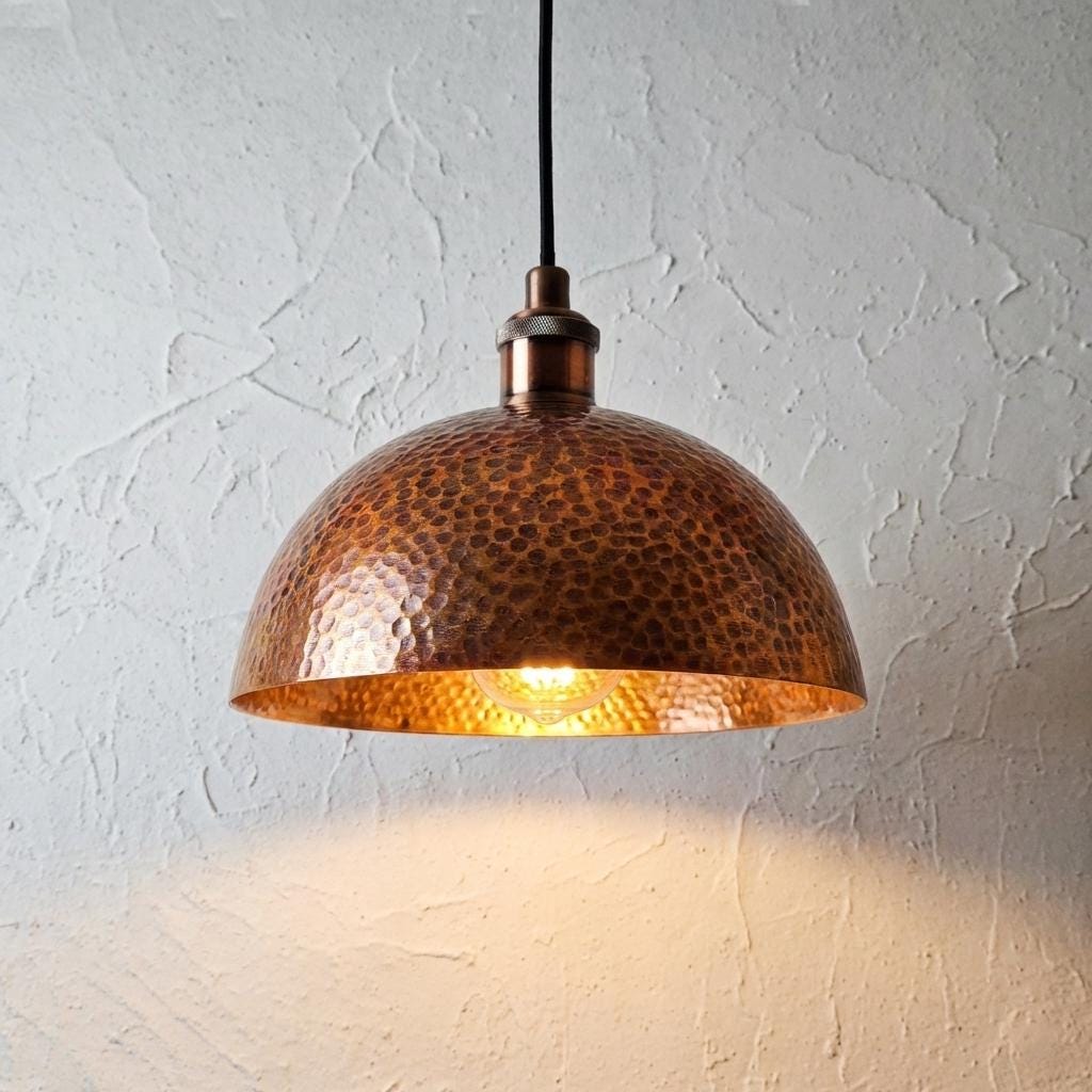 Handmade Copper Pendant Light, Hammered Kitchen Island Lamp, Rustic Industrial Dome, Textured Metal Shade, Farmhouse Ceiling Fixture