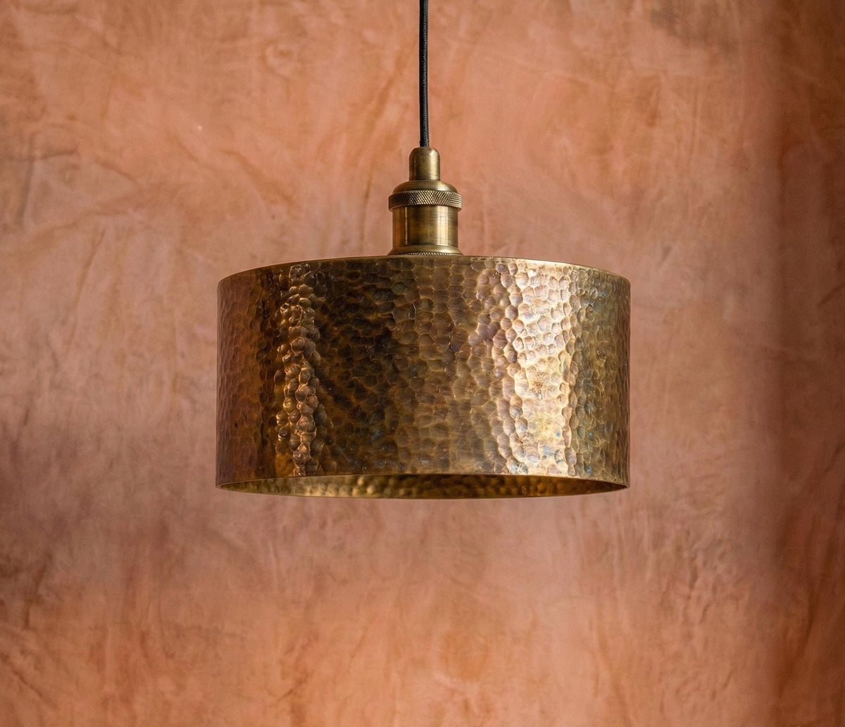 Hammered Brass Drum Pendant, Cylinder Kitchen Island Light, Gold Tube Lamp, Rustic Industrial Ceiling Fixture