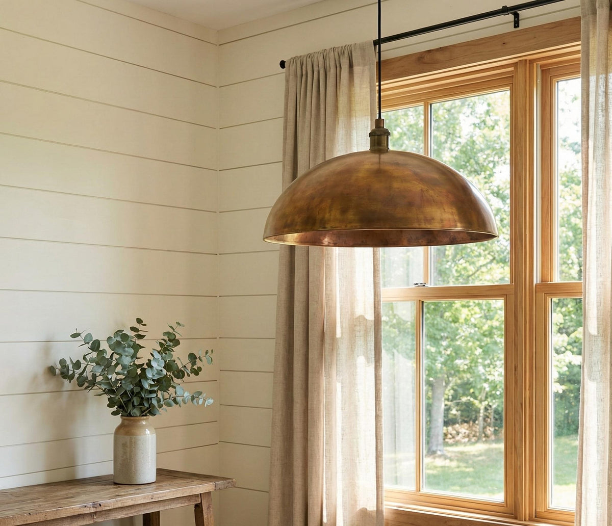 Aged Brass Dome Pendant, Smooth Vintage Gold Light, Modern Farmhouse Kitchen Lamp, Antique Patina Ceiling Fixture, Rustic Dining Room