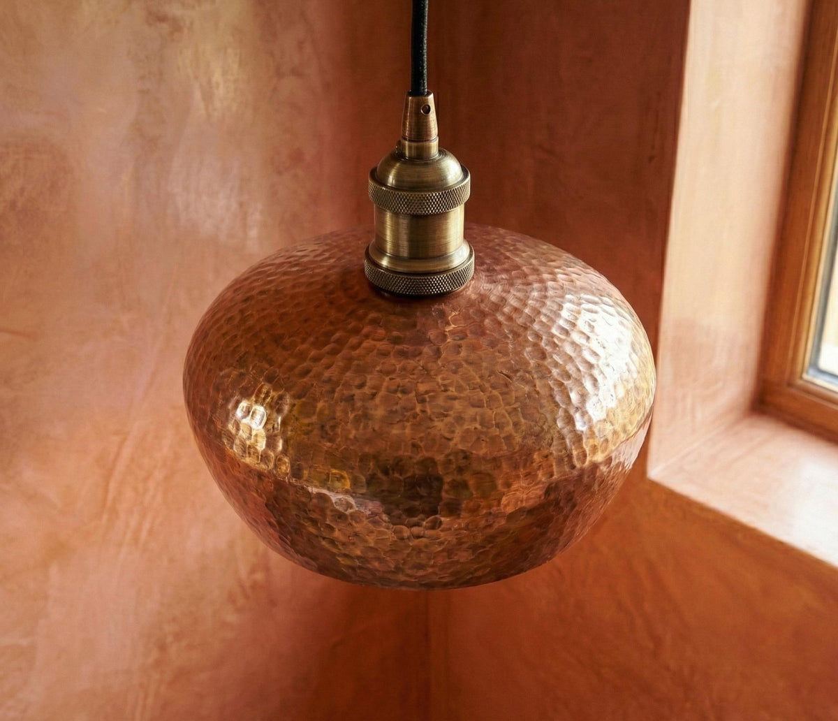 Hammered Copper Pendant Light, Solid Copper Ceiling Lamp, Round Metal Shade, Rustic Kitchen Island Fixture, Rose Gold Hanging Light