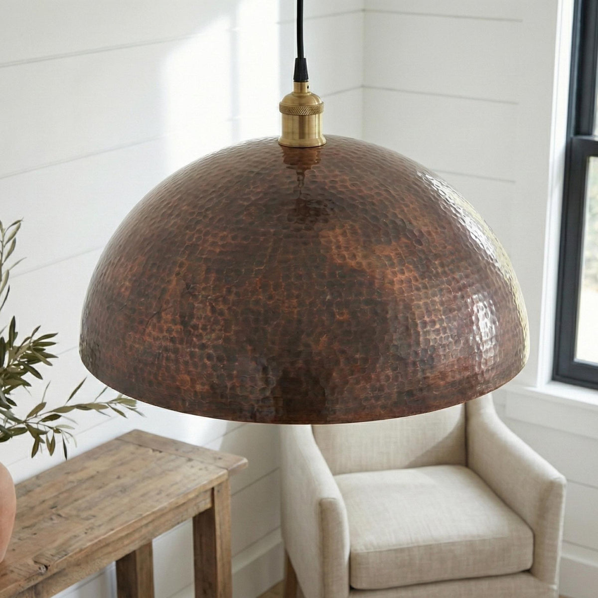 Round Copper Shade, Hand Hammered Pendant, Small Kitchen Island Light, Textured Metal Lamp, Rose Gold Bathroom Fixture, Custom Lighting