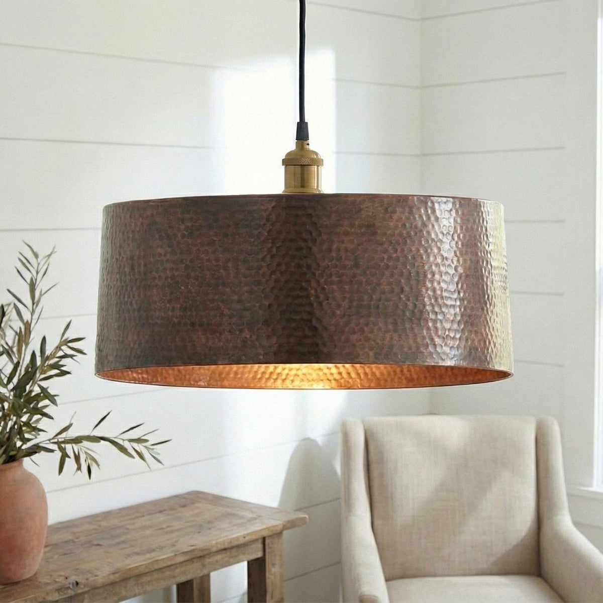 Copper Cylinder Light,  Hand Hammered Drum Shade, Industrial Farmhouse Decor, Solid Copper Pendant, Modern Rustic Bar Lighting