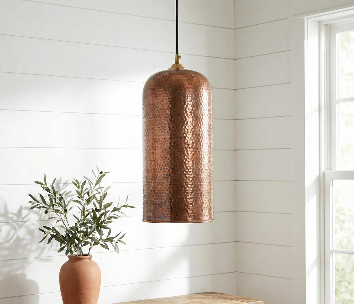 Handcrafted Copper Cylindrical Pendant, Tall Hammered Hanging Light with Antique Finish, Modern Rustic Kitchen Island Ceiling Light