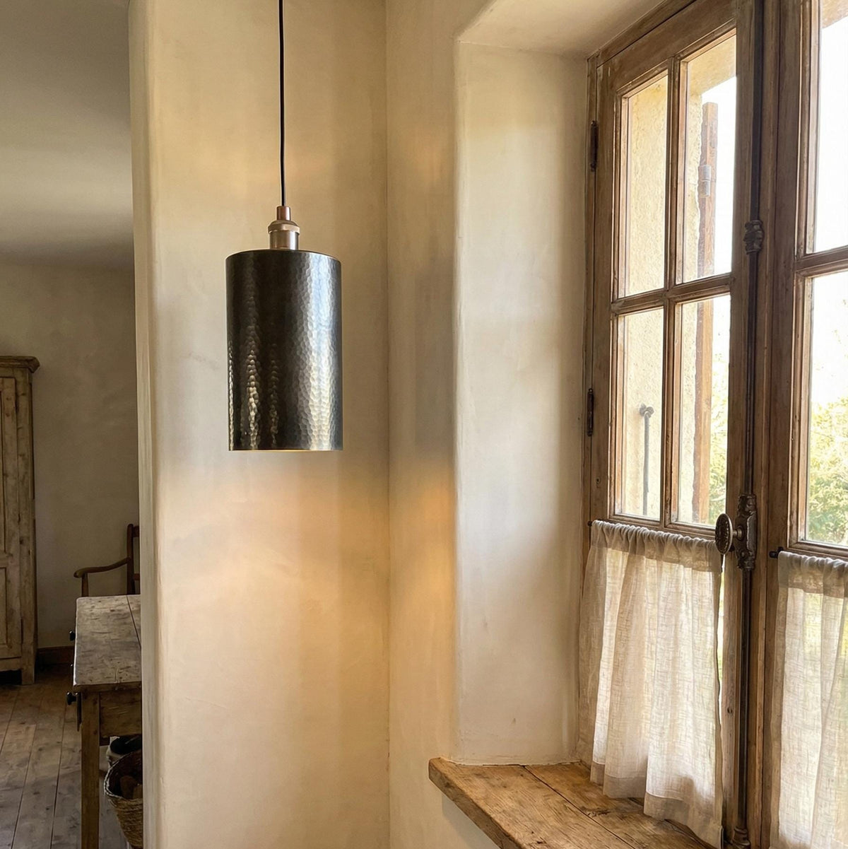Handcrafted Brass Tube Light, Tall Hammered Pendant for Dining Room, Oxidized Brass Ceiling Lamp, Minimalist Cylinder Downlight