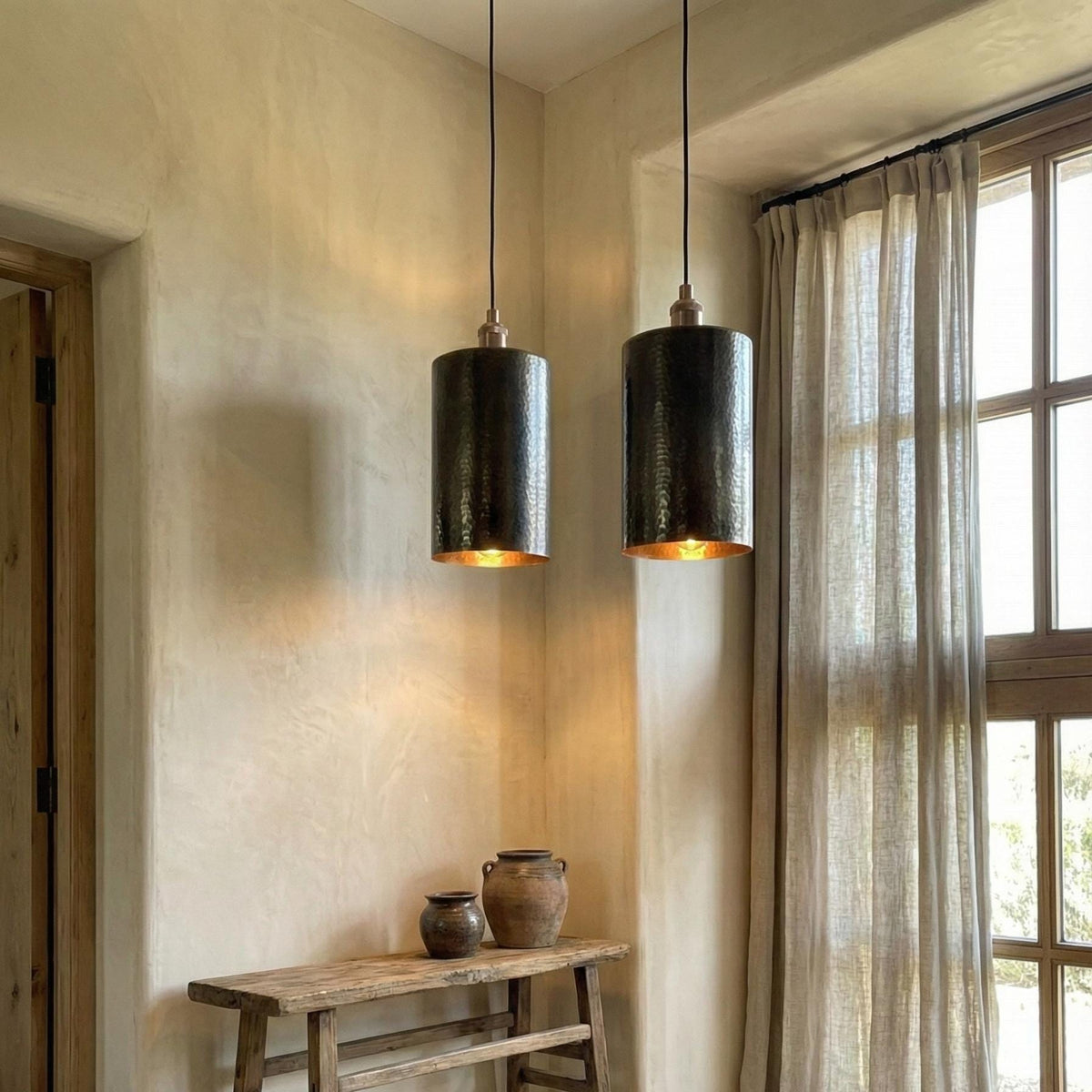 Handcrafted Brass Tube Light, Tall Hammered Pendant for Dining Room, Oxidized Brass Ceiling Lamp, Minimalist Cylinder Downlight