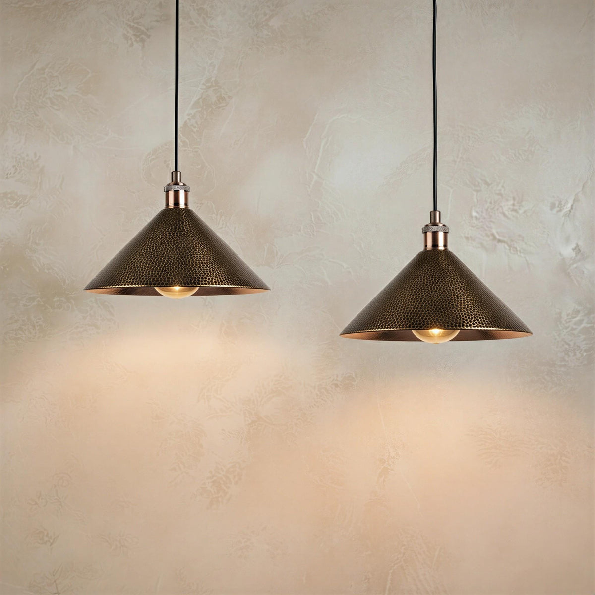 Antique Brass Cone Pendant, Hammered Metal Hanging Lamp, Scandi Farmhouse Lighting, Custom Kitchen Fixture, Aged Brass Ceiling Light