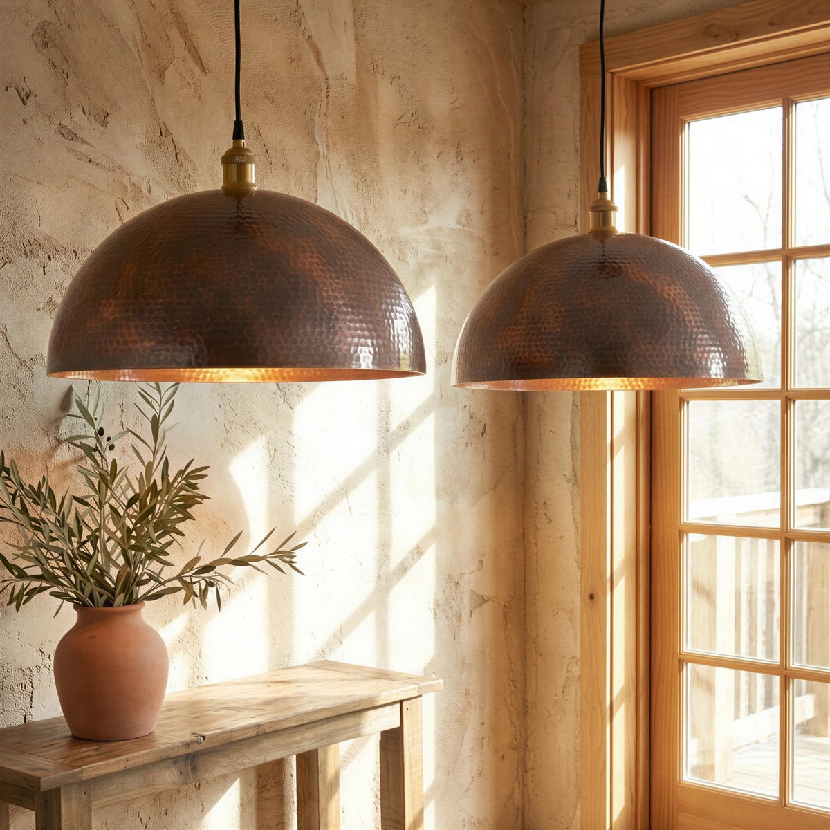 Set of 2 Rustic Copper Pendant, Two Large Dome Shade, Oxidized Metal Ceiling Light, Boho Kitchen Hanging Fixture, Aged Finish Farmhouse Lamp