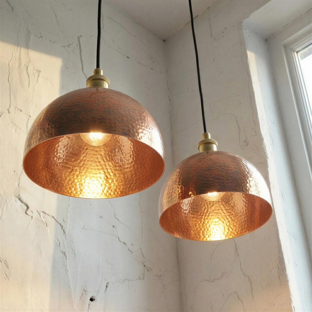 Set of 2 Hand Hammered Copper Pendant Light, Set of Two Rustic Aged Copper Lighting, Industrial Dome Hanging Lamp for Kitchen Island