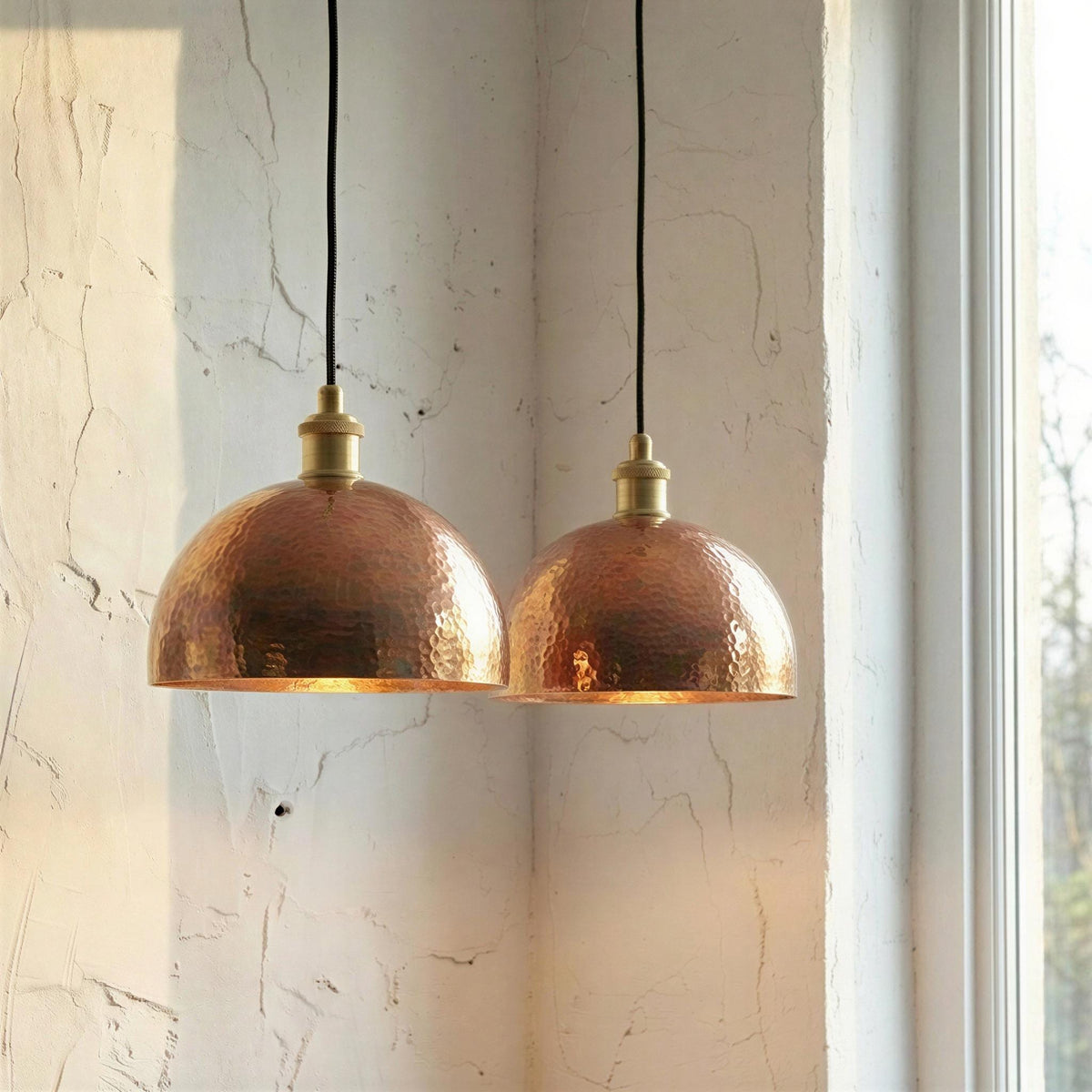 Set of 2 Hand Hammered Copper Pendant Light, Set of Two Rustic Aged Copper Lighting, Industrial Dome Hanging Lamp for Kitchen Island