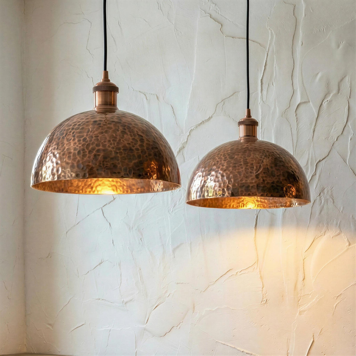 Set of 2 Hammered Copper Pendant Lights, Two Rustic Kitchen Island Lighting Pair, Antique Copper Dome Lamps, Industrial Hanging Light Set