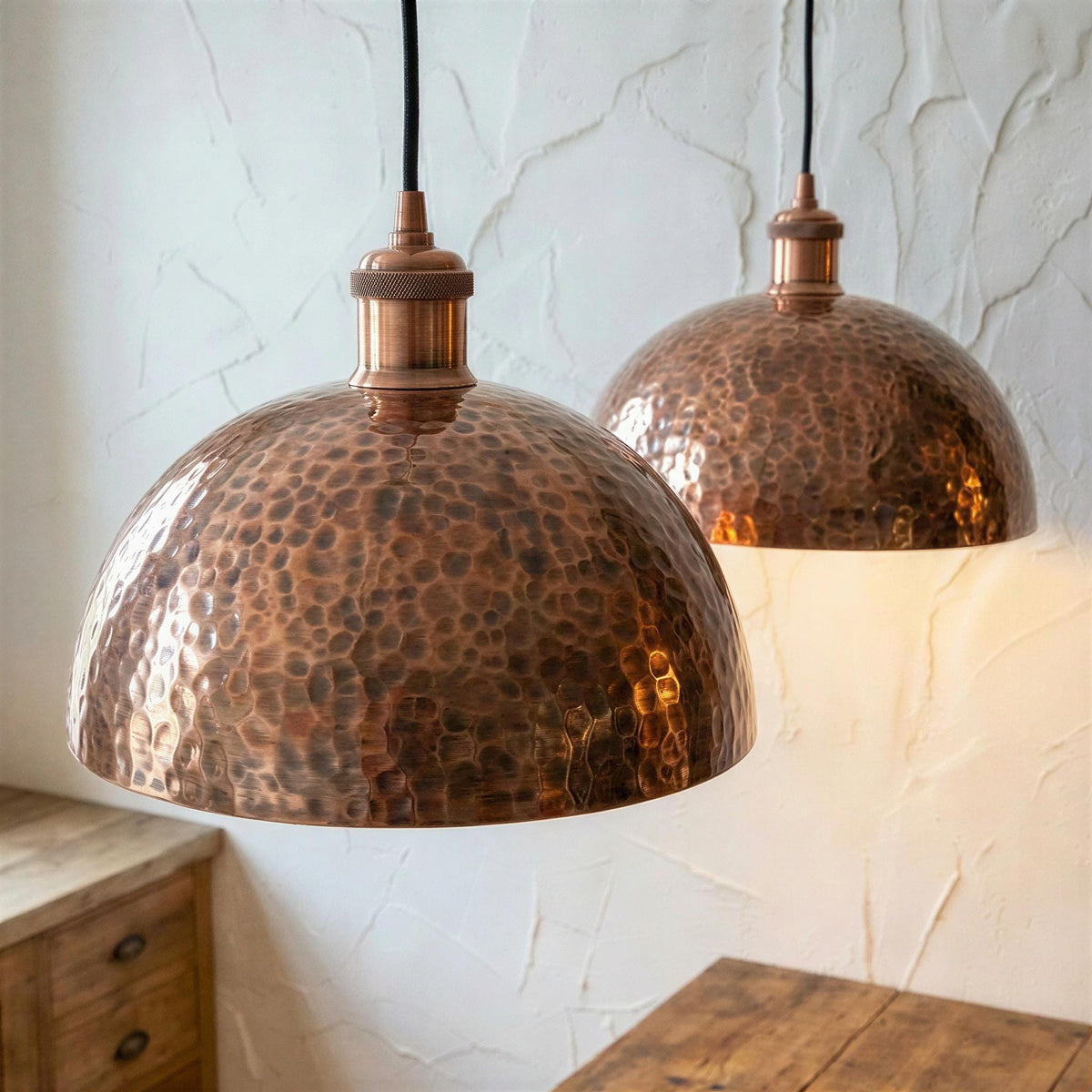 Set of 2 Hammered Copper Pendant Lights, Two Rustic Kitchen Island Lighting Pair, Antique Copper Dome Lamps, Industrial Hanging Light Set