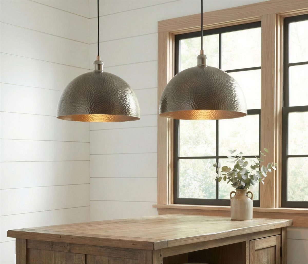 Set of 2 Bronze Pendant Lights, Antique Brass Kitchen Island Lighting, Hand Hammered Metal Dome Lamps, Industrial Modern Farmhouse Lights