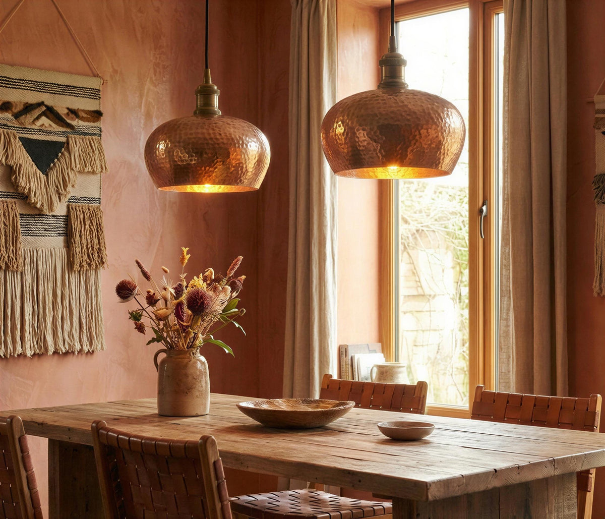 Set of 2 Hammered Copper Dome Pendant Lights, Rustic Industrial Lighting