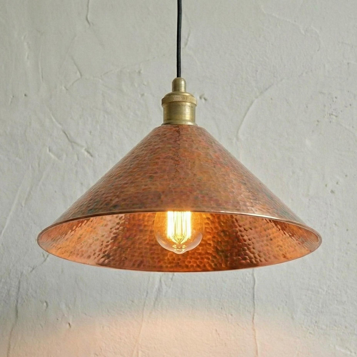 Handcrafted Cone Copper Light, Hammered Metal Hanging Lamp, Wabi Sabi Decor, Wide Copper Shade for Dining Table, Rustic Boho Fixture