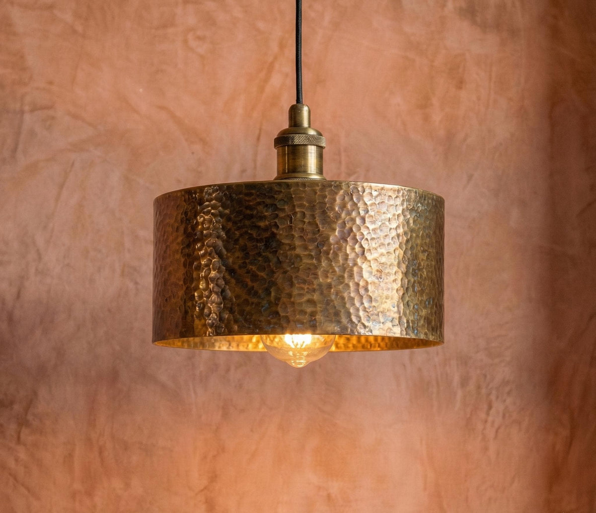 Hammered Brass Drum Pendant, Cylinder Kitchen Island Light, Gold Tube Lamp, Rustic Industrial Ceiling Fixture