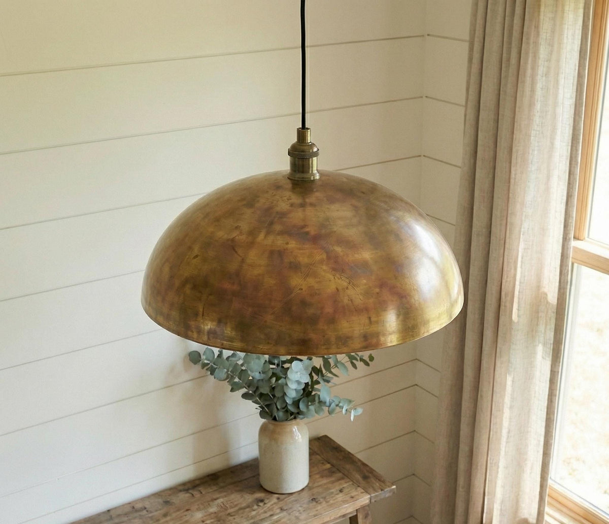 Aged Brass Dome Pendant, Smooth Vintage Gold Light, Modern Farmhouse Kitchen Lamp, Antique Patina Ceiling Fixture, Rustic Dining Room