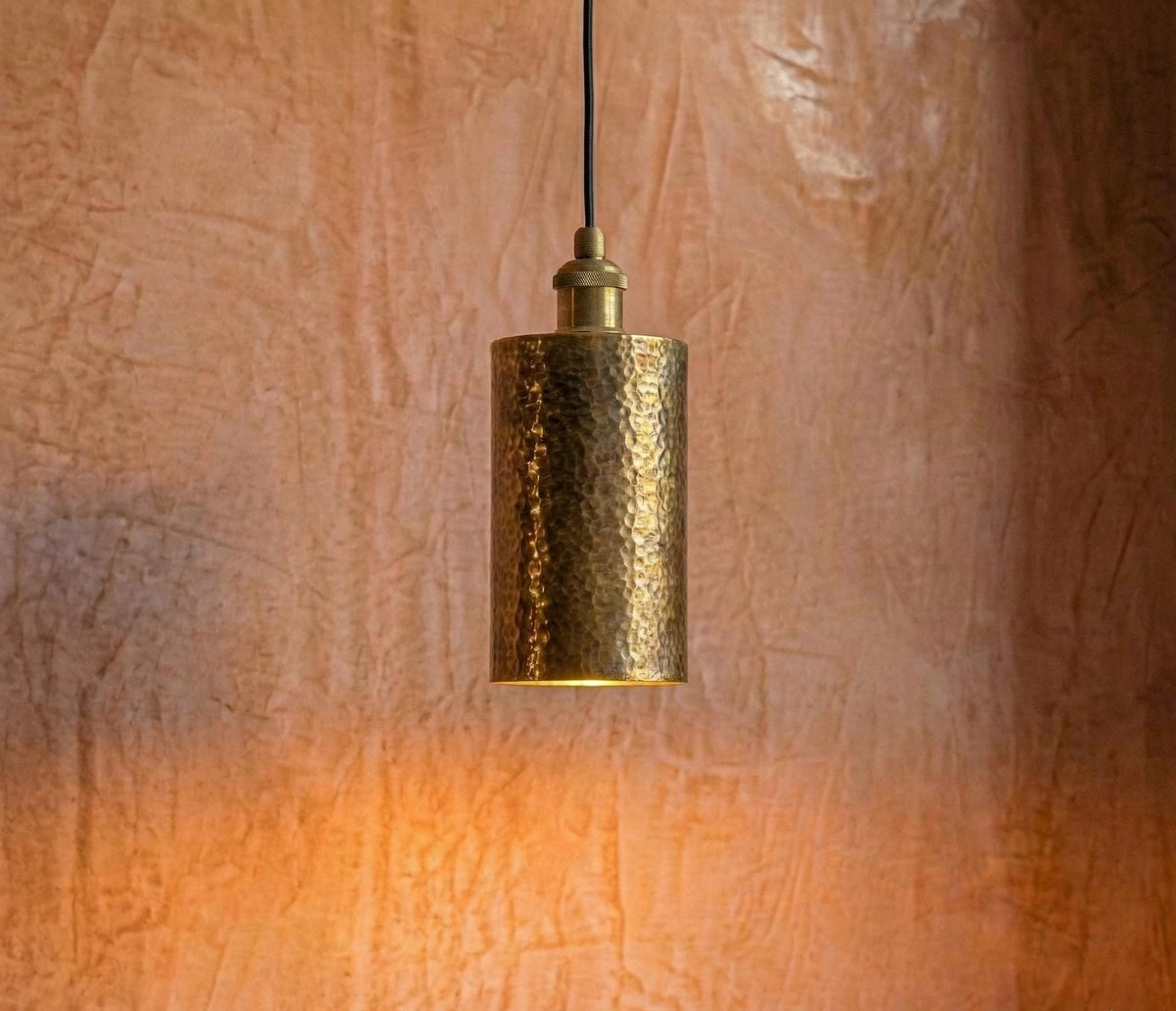 Hammered Brass Cylinder Pendant, Tall Gold Tube Light, Kitchen Island Bar Lamp, Rustic Industrial Spot Fixture, Narrow Bedside Hanging Light