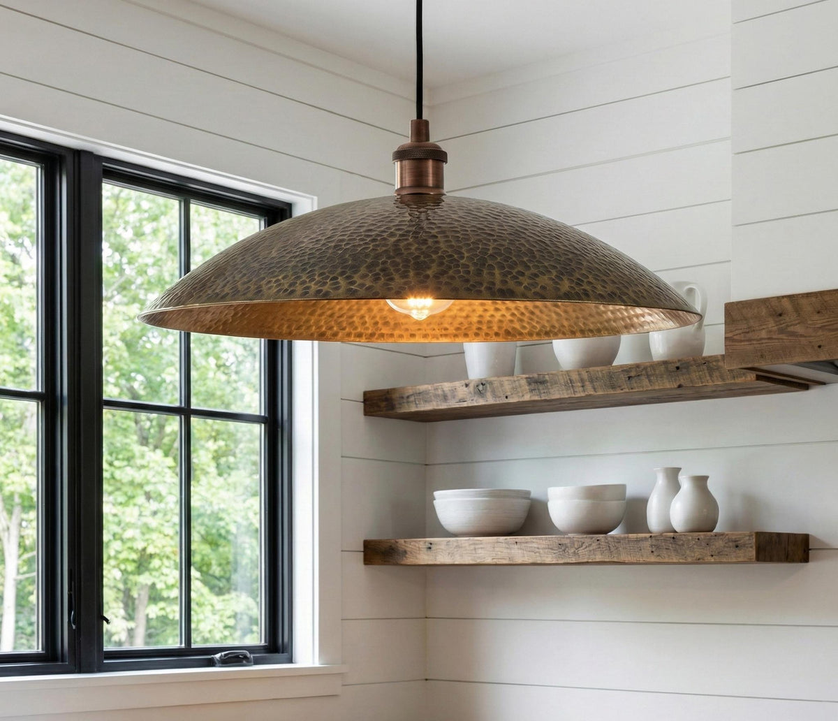 Handmade Hammered Bronze Pendant Light, Kitchen Island Lighting, Rustic Farmhouse Ceiling Lamp, Oxidized Dome Shade, Industrial Decor