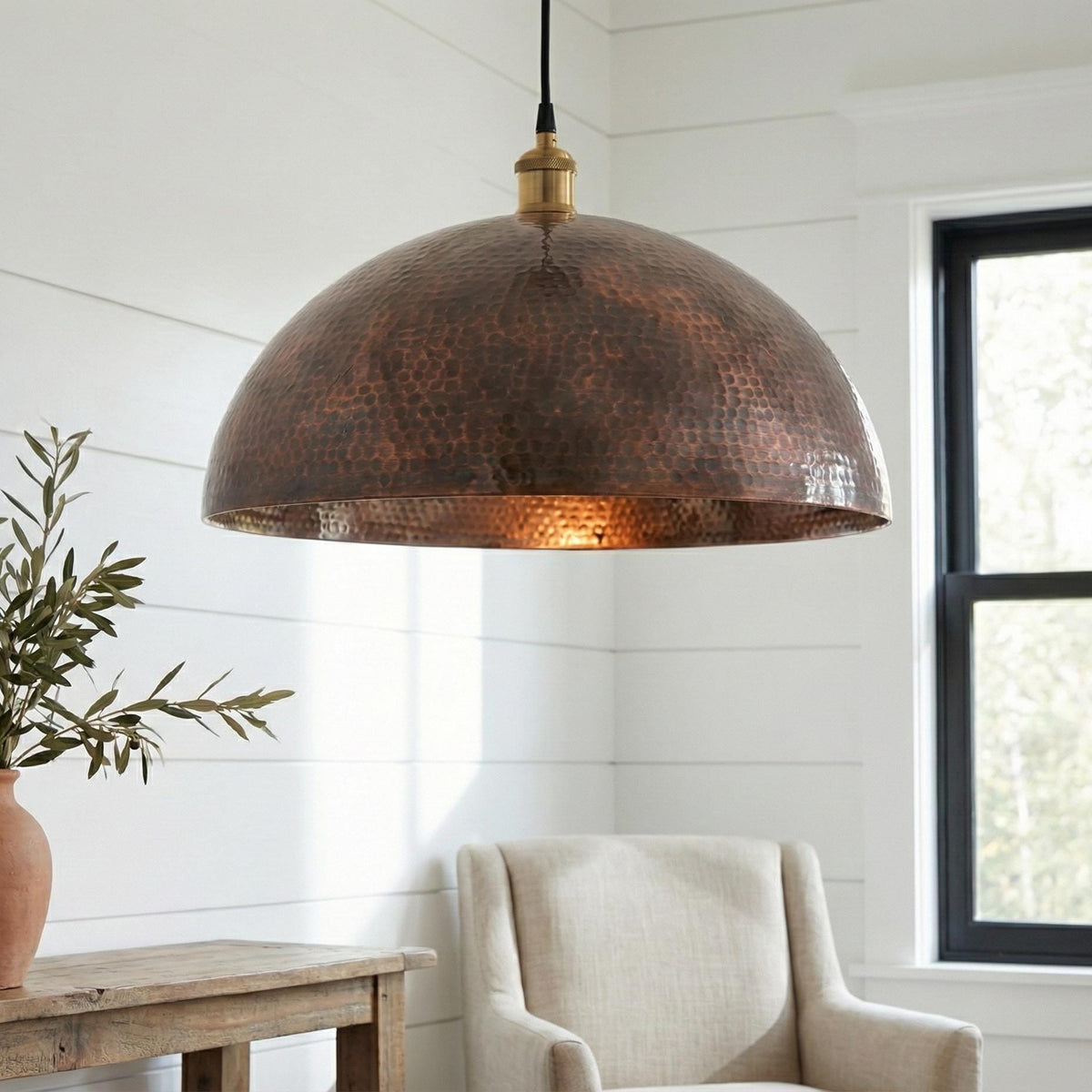 Round Copper Shade, Hand Hammered Pendant, Small Kitchen Island Light, Textured Metal Lamp, Rose Gold Bathroom Fixture, Custom Lighting