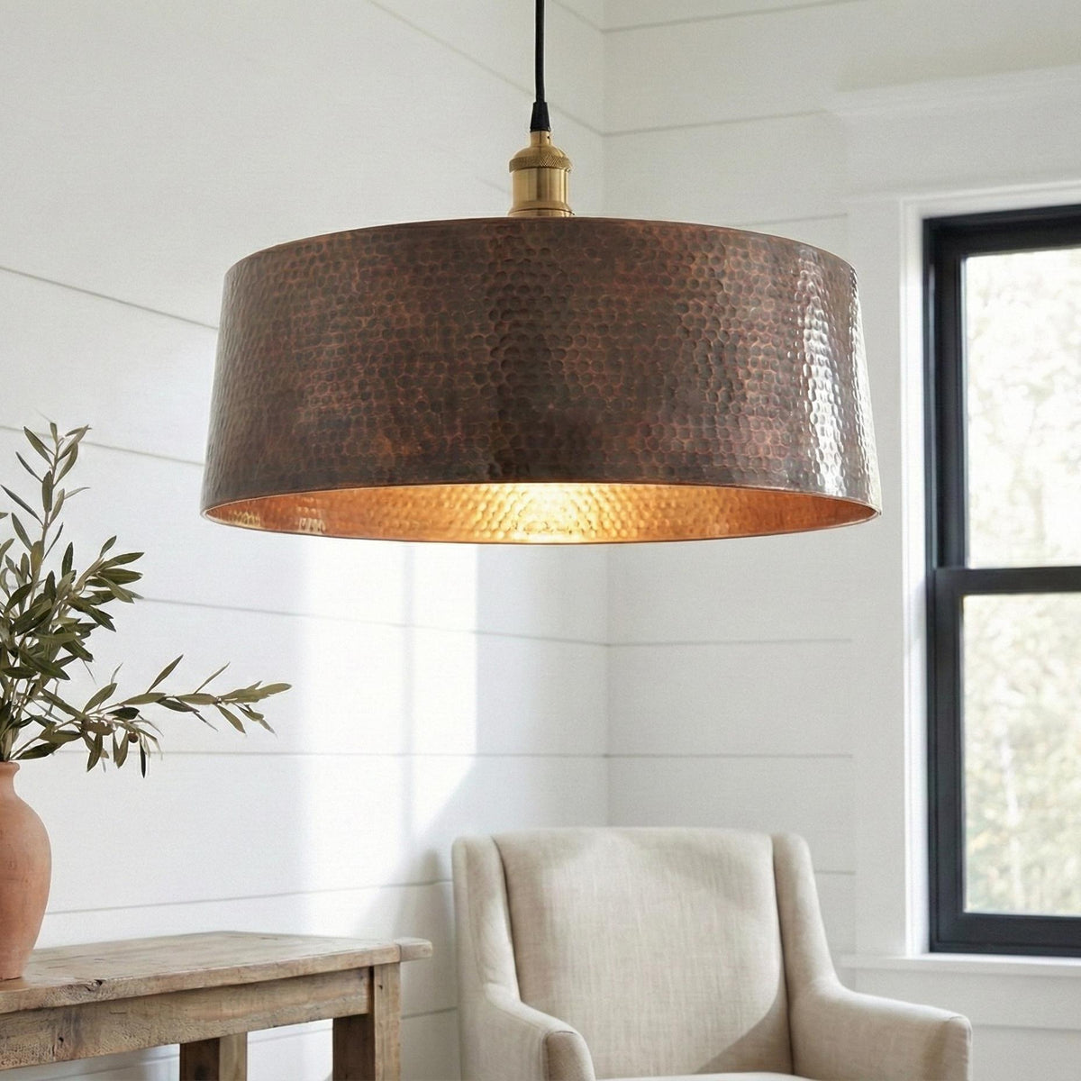 Copper Cylinder Light,  Hand Hammered Drum Shade, Industrial Farmhouse Decor, Solid Copper Pendant, Modern Rustic Bar Lighting