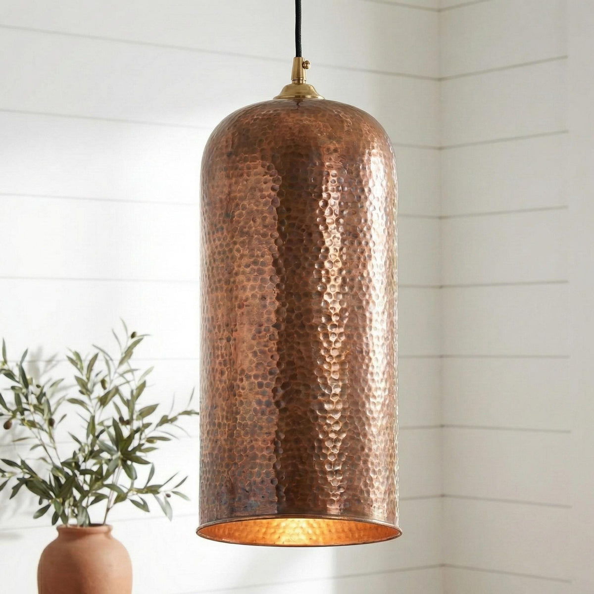 Handcrafted Copper Cylindrical Pendant, Tall Hammered Hanging Light with Antique Finish, Modern Rustic Kitchen Island Ceiling Light