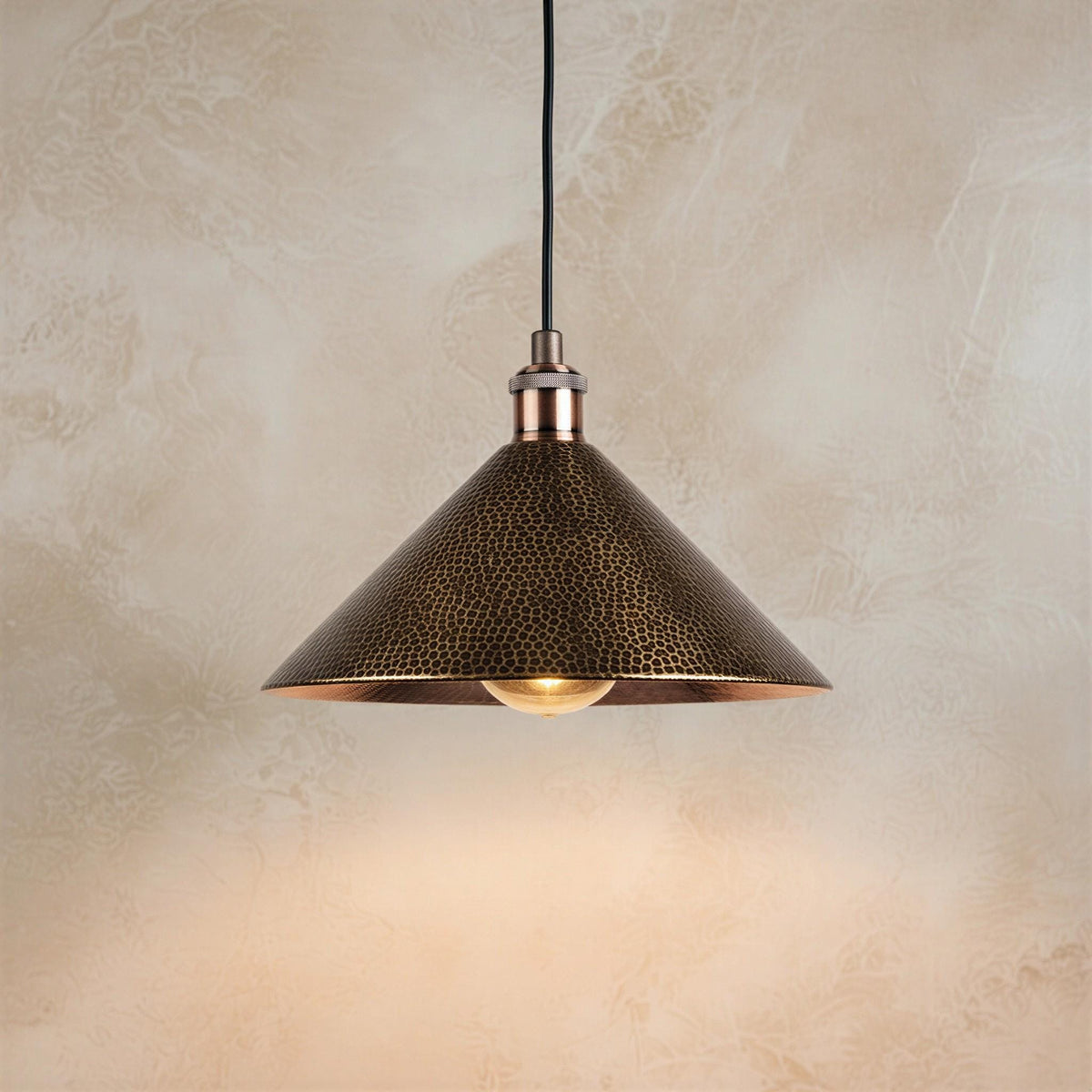 Antique Brass Cone Pendant, Hammered Metal Hanging Lamp, Scandi Farmhouse Lighting, Custom Kitchen Fixture, Aged Brass Ceiling Light