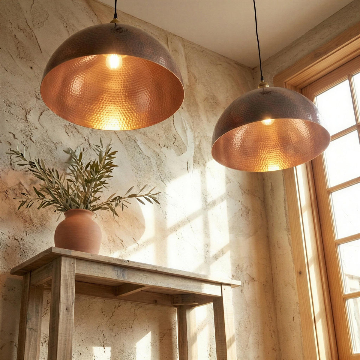 Set of 2 Rustic Copper Pendant, Two Large Dome Shade, Oxidized Metal Ceiling Light, Boho Kitchen Hanging Fixture, Aged Finish Farmhouse Lamp