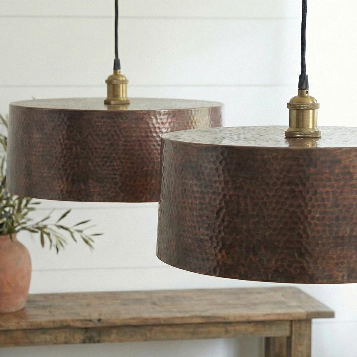 Set of 2 Hammered Copper Drum Pendant Lights, Handmade Cylinder Hanging Lamps, Rustic Farmhouse Kitchen Island Lights, Barrel Light Fixture