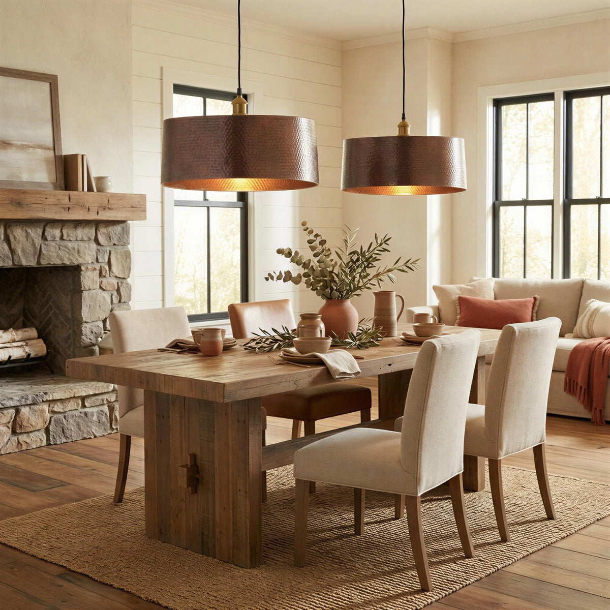 Set of 2 Hammered Copper Drum Pendant Lights, Handmade Cylinder Hanging Lamps, Rustic Farmhouse Kitchen Island Lights, Barrel Light Fixture