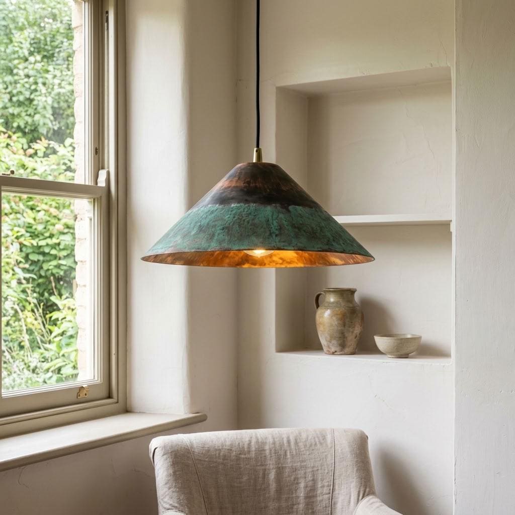 Handmade verdigris copper cone pendant light beside a sunlit window