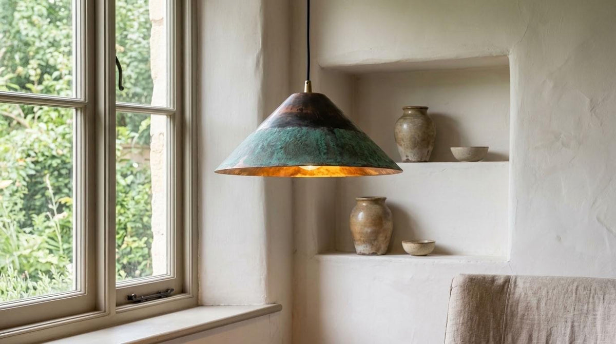 Green Patina Copper Pendant Light, Cone Shade for Kitchen Island, Handmade Hanging Lamp, Verdigris Finish for Rustic Dining Rooms
