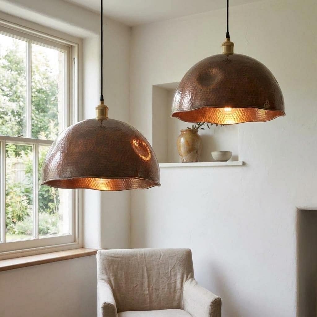 Set of 2 Hammered Copper Dome Pendant Light, Two Round Bowl Shade for Kitchen Island