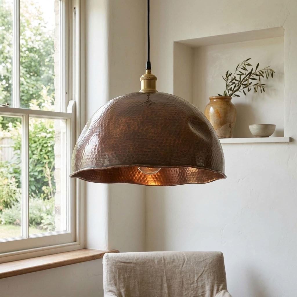 Set of 2 Hammered Copper Dome Pendant Light, Two Round Bowl Shade for Kitchen Island