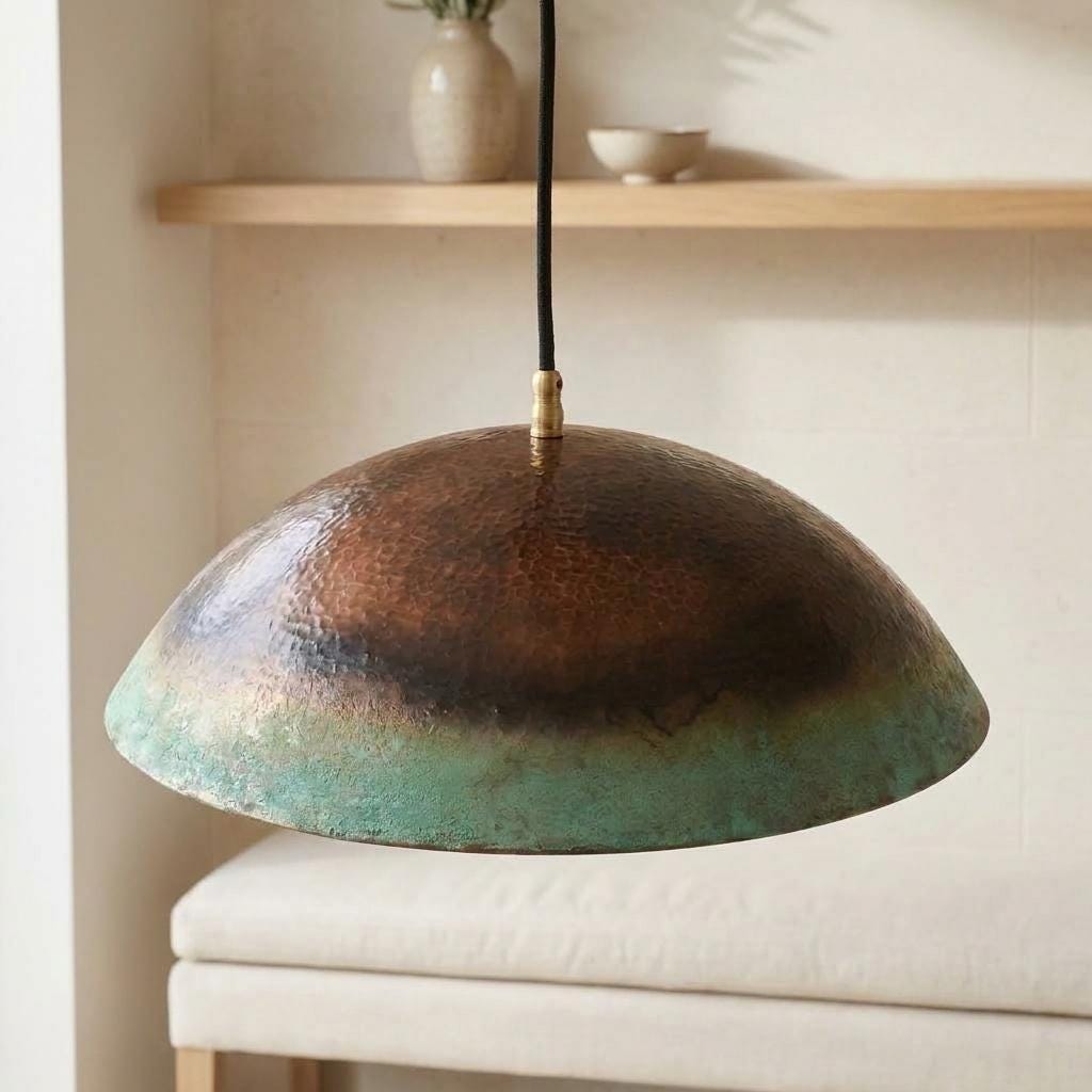 Verdigris Copper Dome Pendant Light, Shallow Shade with Green Rim,  Green Patina Copper Hanging Lamp