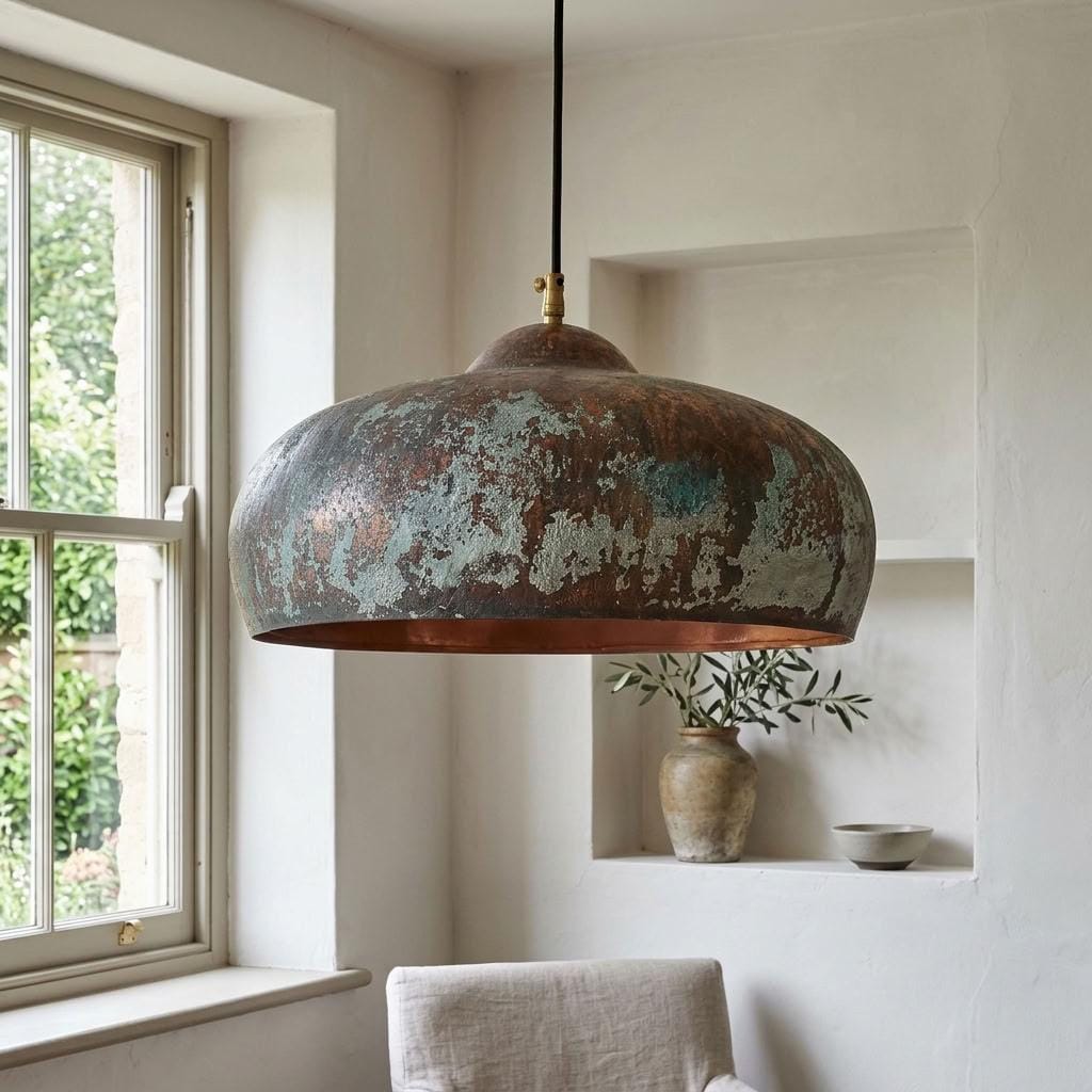 Patina Copper Dome Pendant Light, Mottled Finish for Kitchen Island, Rustic Copper Hanging Lamp, Weathered Dome Shade for Dining Room