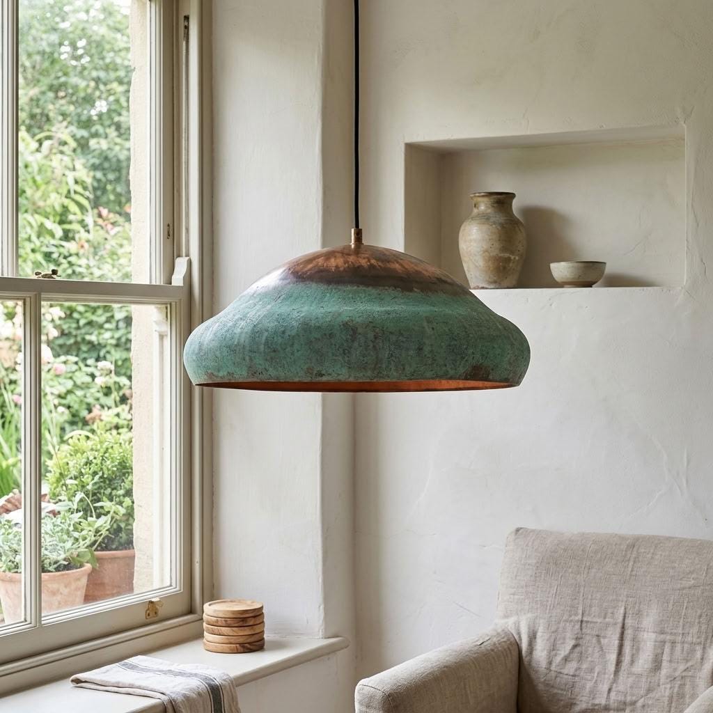 Turquoise Patina Copper Pendant Light, Dome Shade for Kitchen Island, Green Patina Dome Dining Room Lighting